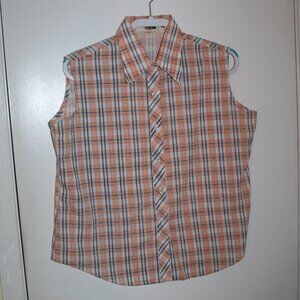 Vintage Fruit of the Loom Women's Sleevless Shirt -Orange and Blue plaid